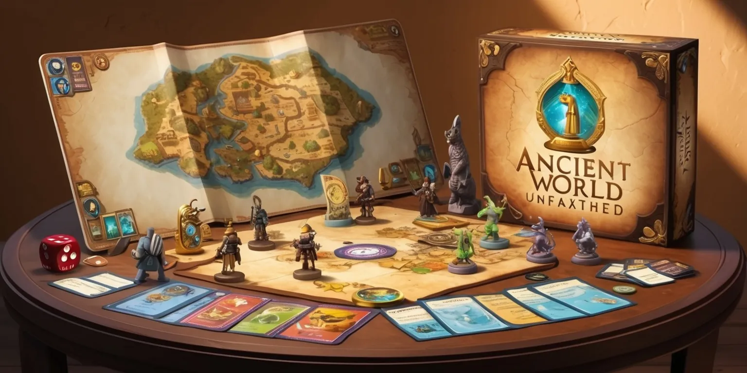 Ancient World Unearthed game, a beautifully illustrated board game with a large, foldable map of a mystical ancient world, set against a warm, earthy tone background with subtle texture, featuring various game pieces and tokens in vibrant colors, including small, intricately designed plastic figurines of explorers, archaeologists, and mythical creatures, with a mix of metallic and matte finishes, surrounded by cards, dice, and a rulebook, all laid out on a wooden table, with soft, warm lighting and deep shadows, capturing the excitement and adventure of discovery, with the game's logo, a stylized, golden font with an embedded image of an ancient artifact, prominently displayed on the box top and rulebook cover.