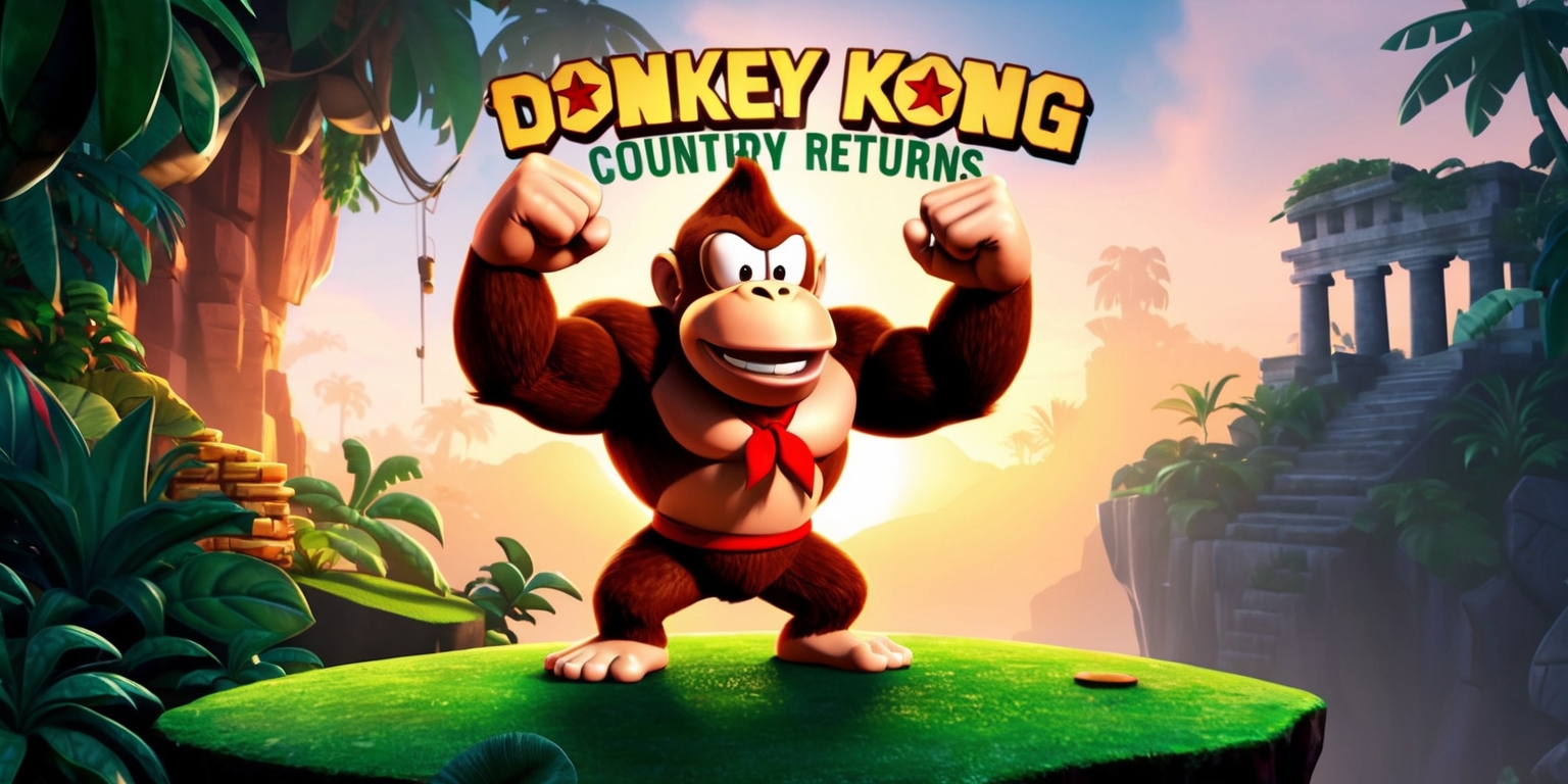 A vibrant, high-definition illustration of Donkey Kong Country Returns, featuring the iconic ape Donkey Kong in the foreground, standing triumphantly on a lush, green jungle cliffside, with a warm, golden sunset casting a warm glow on the scene. In the background, a dense, misty jungle with towering trees, exotic foliage, and ancient ruins can be seen. Donkey Kong's fur is a deep brown, with a subtle sheen, and his eyes are a bright, expressive brown. He wears a red tie with white accents, and his muscles are visibly toned. The image is rendered in a stylized, cartoon-inspired aesthetic, with bold lines, bright colors, and dynamic textures. The title Donkey Kong Country Returns is emblazoned across the top of the image in bold, golden font, with a subtle 3D effect, while the words HD Game are written in smaller text at the bottom of the image, in a sleek, modern font.