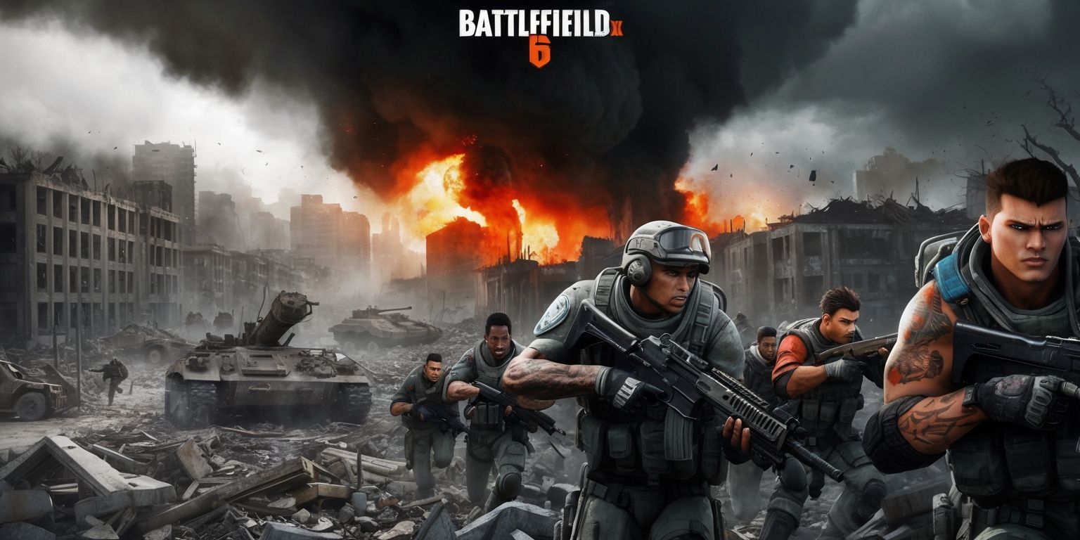 A dramatic and intense scene from Battlefield 6, with a wide-angle view of a war-torn cityscape, featuring ruined buildings, destroyed military vehicles, and debris-filled streets, set against a backdrop of a dark and ominous sky with thick clouds of smoke and fire, the color palette is predominantly gray and brown, with flashes of bright orange and red from explosions and flames, in the foreground, a group of soldiers in futuristic combat gear, with determined facial expressions, varied skin colors, and unique tattoos and scars, are shown navigating through the rubble, with a mix of concern and focus on their faces, the image is rendered in a highly detailed and realistic style, with a shallow depth of field, and a sense of dynamic movement and energy.