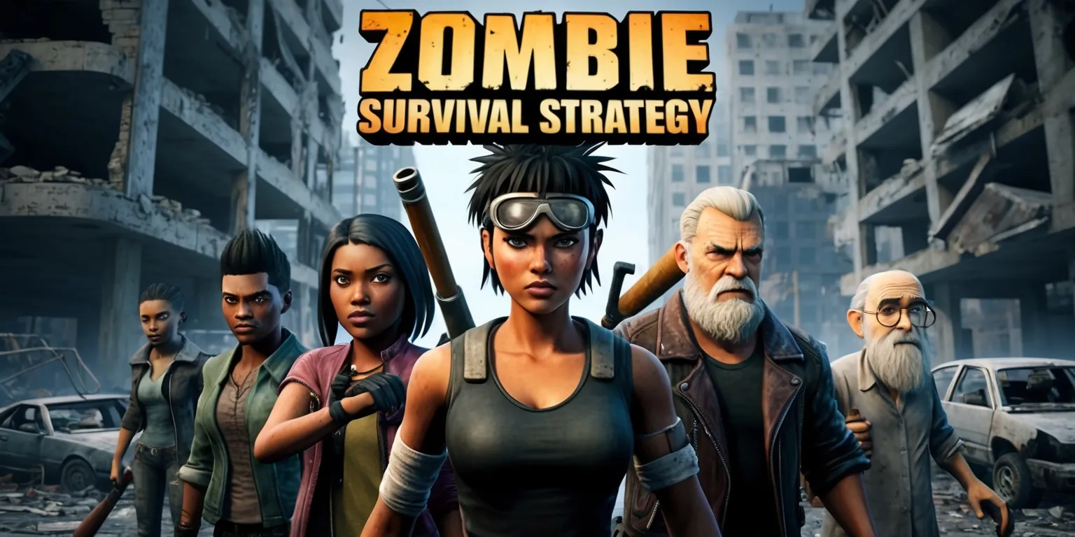 A gritty, post-apocalyptic scene depicting a diverse group of survivors, each with distinct facial features and skin tones, standing together, ready to face the zombie threat, with a female hero in the center, having short, spiky black hair and a determined expression, wearing a pair of goggles on her forehead and holding a large shotgun, while a male hero to her right has a strong, muscular build and a stern look, wearing a leather jacket and holding a baseball bat, and a third hero, an older man with a long white beard and a kind face, wearing a pair of round glasses and holding a first-aid kit, set against a backdrop of a desolate, ruined cityscape with abandoned cars, shattered glass, and broken buildings, with a bold, golden logo of the game title Zombie Survival Strategy emblazoned across the top of the image in a stylized, distressed font.