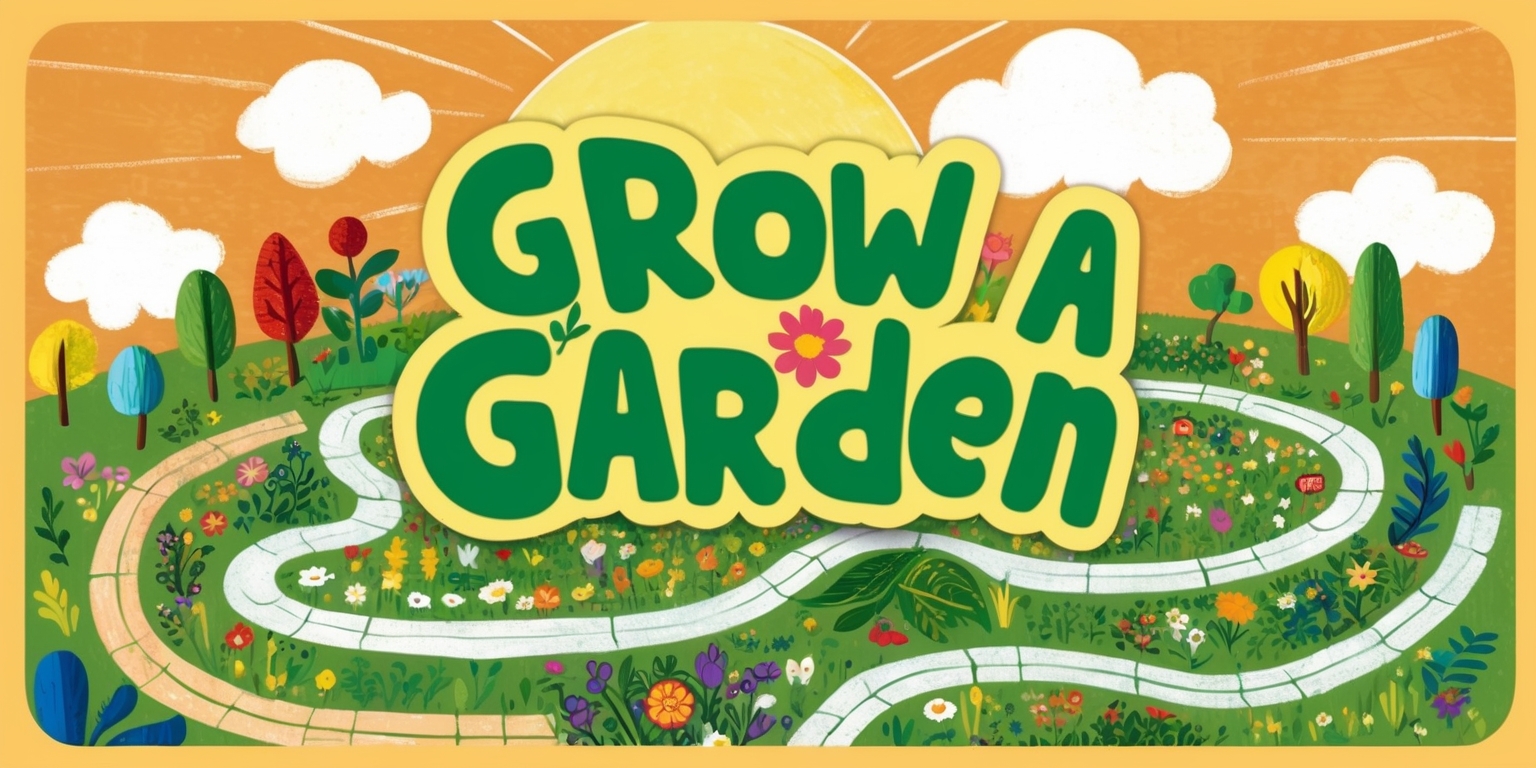 A whimsical illustration of a board game titled Grow a Garden set against a warm, sunny background with fluffy white clouds, depicting a vibrant and lush garden scene with various colorful flowers, trees, and foliage. The game board itself is designed to resemble a garden path, with winding roads and pathway tiles leading to different sections of the game. The title Grow a Garden is prominently displayed in bold, curly font with bright green lettering and decorated with tiny flowers and leaves. The overall aesthetic is playful, cheerful, and inviting, with soft, rounded shapes and textures. The illustration style is reminiscent of classic children's book art, with bold lines, bright colors, and expressive details.