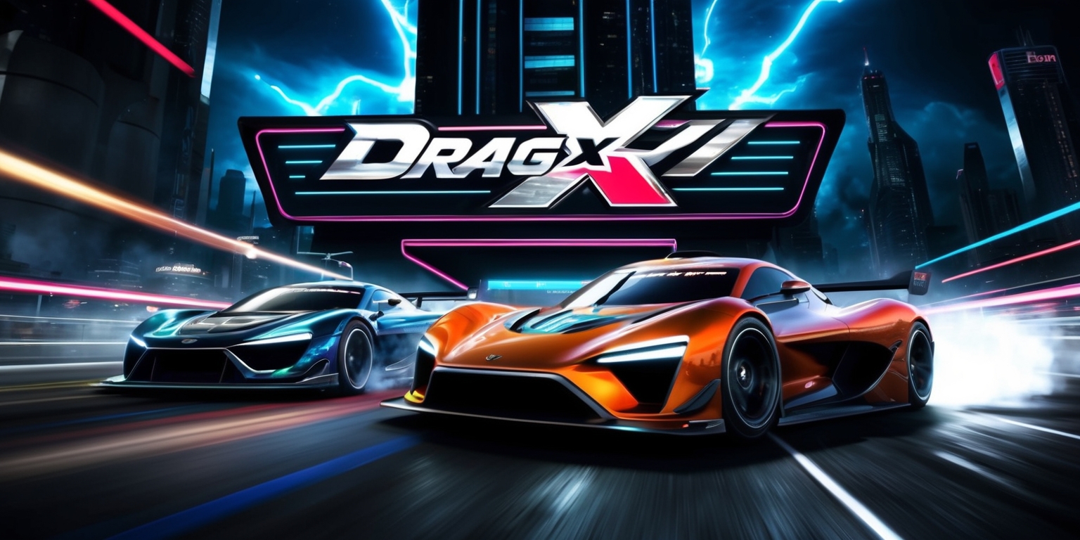 A futuristic racing game scene from Drag x Drive, featuring sleek, high-tech cars with neon lights and bold, metallic colors, set against a dark, gritty urban backdrop with towering skyscrapers and a vibrant, electric blue sky, the cars are positioned in the midst of a high-speed race, with motion blur effects and speeding lines, the overall style is hyper-realistic with sharp lines and detailed textures, the game's logo, a stylized, silver font with a bold, red accent, is emblazoned on the side of the cars and on a massive, digital billboard in the background, the atmosphere is intense and dynamic, with a focus on speed and competition.
