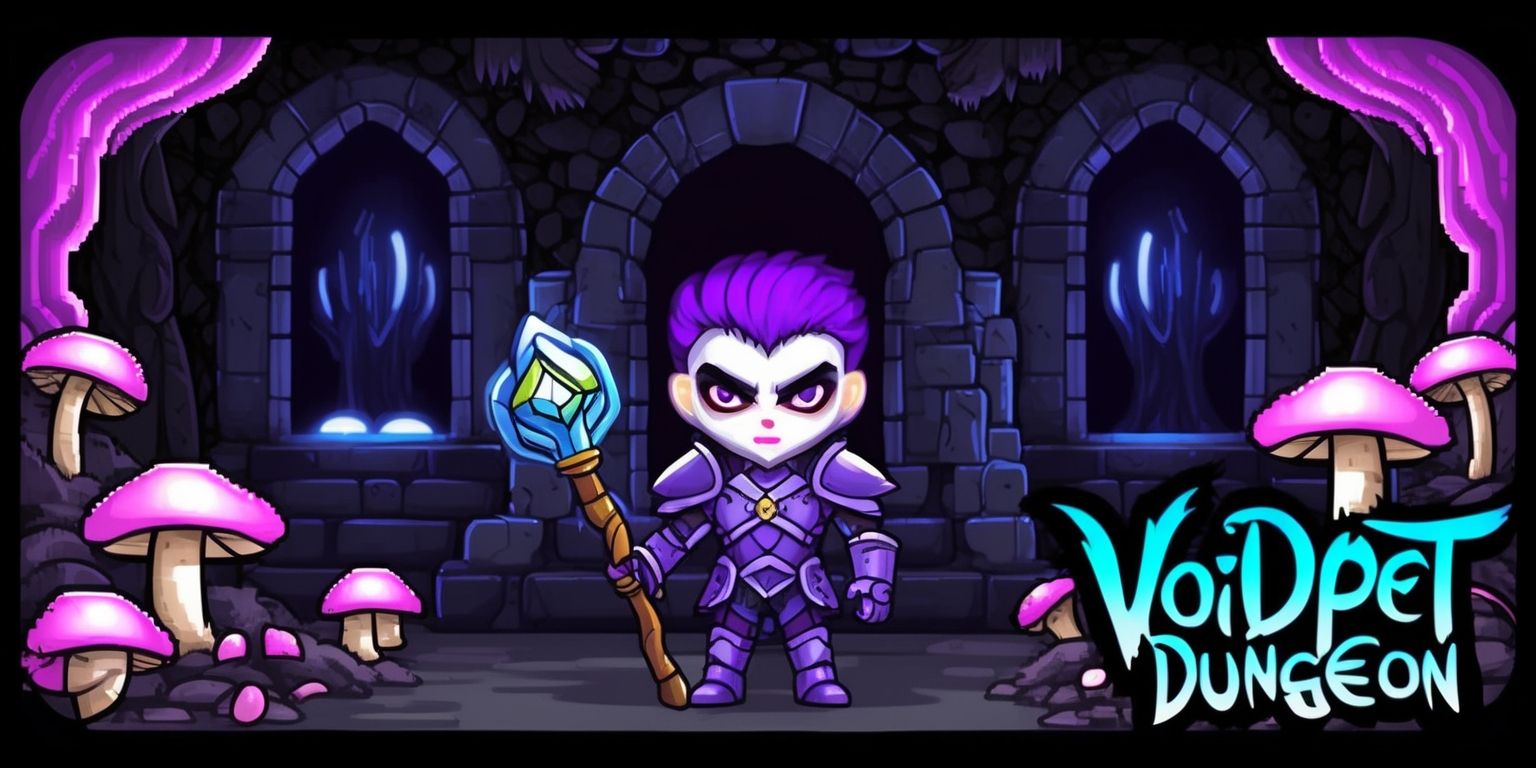 A fantasy video game scene depicting the Voidpet Dungeon, with a dark mysterious atmosphere, set in a mystical underground world, featuring vibrant pixel art style, bold lines, and bright colors, including shades of purple, blue, and pink, with a layout that showcases a character in the center, a brave adventurer with striking facial features, pale skin, and distinctive purple hair, wearing a suit of armor, holding a magical staff, surrounded by eerie luminescent mushrooms, ancient stone walls, and mysterious void-like portals, with a subtle glow effect, and intricate details, including a game interface with a bold, modern font, displaying the game's logo, a stylized, cursive text that reads Voidpet Dungeon, in a bright, electric blue color.