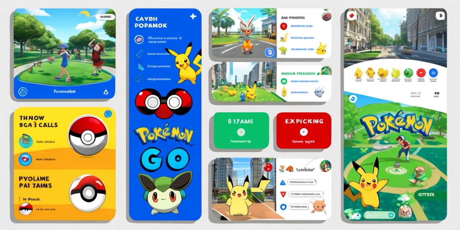 A polished Pokémon GO game guide layout featuring a colorful mobile-game aesthetic, illustrated scenes of trainers exploring real-world parks and city streets, friendly Pokémon characters, PokéStops, Gyms, Poké Balls, item icons, and map elements. Organize the composition into clear visual sections for catching Pokémon, throwing Poké Balls, building teams, evolving creatures, participating in raids, and exploring the map. Use bright blue, yellow, red, and green accents, clean white panels, rounded interface shapes, crisp outlines, subtle gradients, and energetic lighting. Include prominent, highly legible title text reading Pokémon GO Game Guide in a bold playful sans-serif style, with smaller readable labels and helpful icon-based callouts. Present the guide as a professional game handbook or tutorial infographic, balanced and easy to scan, with dynamic character poses, expressive Pokémon, polished digital illustration, sharp details, and a welcoming adventurous atmosphere.