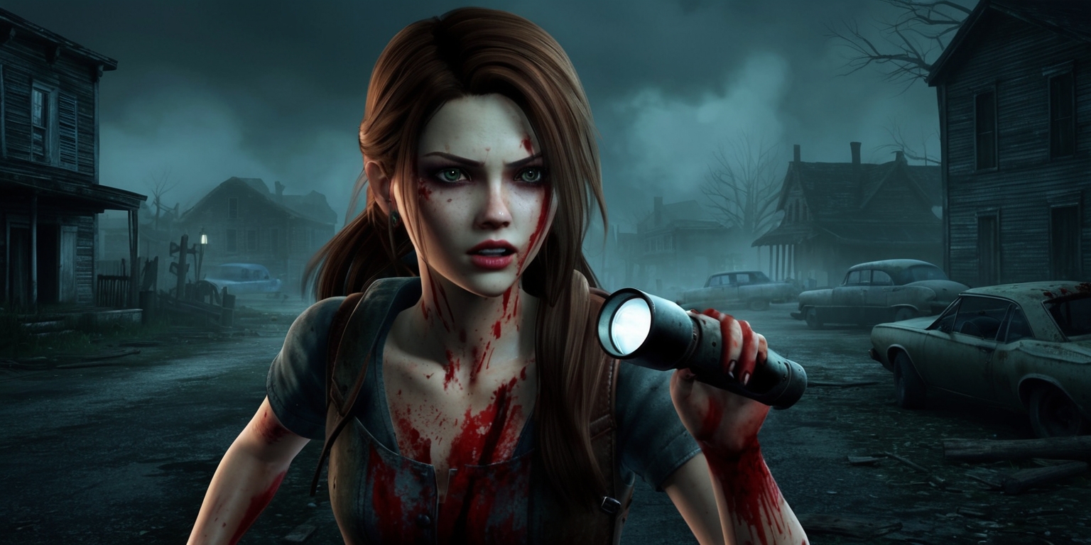 A haunting video game screenshot from Silent Hill, featuring a dark and eerie atmosphere, with muted colors and flickering lights, set in a deserted town with old buildings, dense fog, and a sense of eerie silence, the main character is a young woman with a determined expression, pale skin, and long brown hair, wearing a blood-stained outfit, with a flashlight in hand, illuminating the dark surroundings, the style is similar to a survival horror game, with a cinematic layout, and a faint sense of tension and fear, in the background, a glimpse of the town's eerie landscape, with old streets, abandoned cars, and creepy monsters lurking in the shadows.