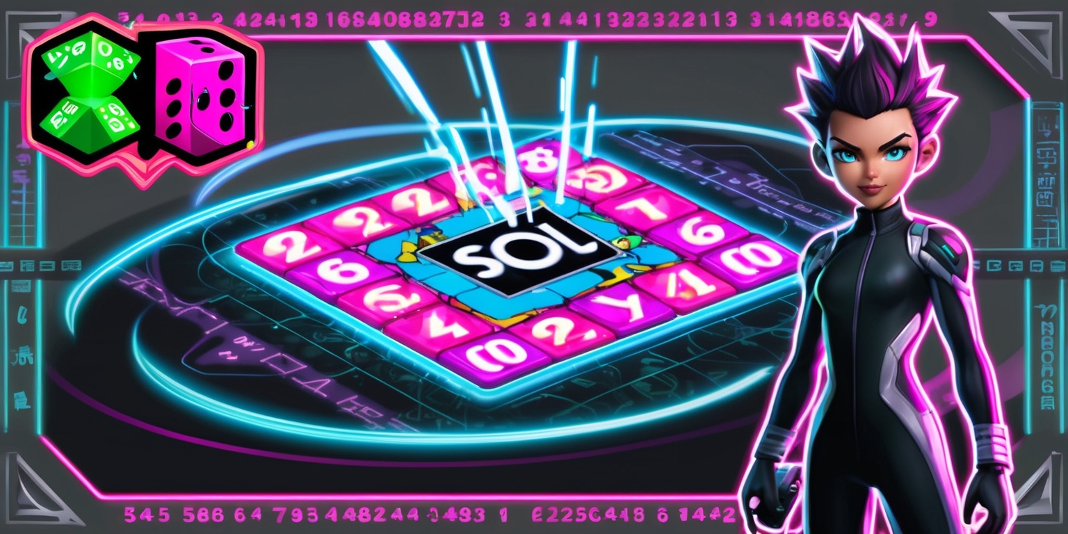 A vibrant digital illustration of Sol's RNG game, featuring a central game board with bold, colorful tiles and abstract numeric patterns, surrounded by futuristic neon lights and mesmerizing visual effects, with Sol, a figure with short spiky hair and bright blue eyes, standing in the foreground, wearing a sleek black and silver jumpsuit, holding a glowing controller, set against a dark gray and purple background with subtle grid lines and metallic textures, the game's logo, a stylized letter S made up of tiny dice and gears, emblazoned in bright pink and green at the top of the image, with various cryptic symbols and equations etched into the borders, conveying a sense of dynamic energy and unpredictability.