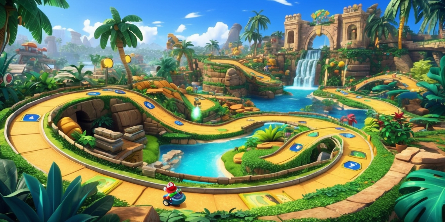 A visually stunning illustration of the Jungle Safari region in Mario Kart World, showcasing a winding race track that seamlessly integrates with the lush, vibrant jungle environment, complete with ancient ruins, swaying palm trees, and exotic foliage. The track is dotted with hidden rewards such as shimmering Peach Medallions, while hints of P Switch missions await discovery. Dynamic gameplay elements, like ramps, tunnels, and jumps, are cleverly incorporated to challenge racers, requiring a balance of speed, skill, and strategy to master. In the background, environmental storytelling unfolds, with scenic vistas, majestic waterfalls, and perhaps even a glimpse of Mario or friends zipping past, their bright, iconic colors popping against the natural scenery. The illustration is full of energy, excitement, and the thrill of discovery, capturing the essence of a Mario Kart World racing experience.