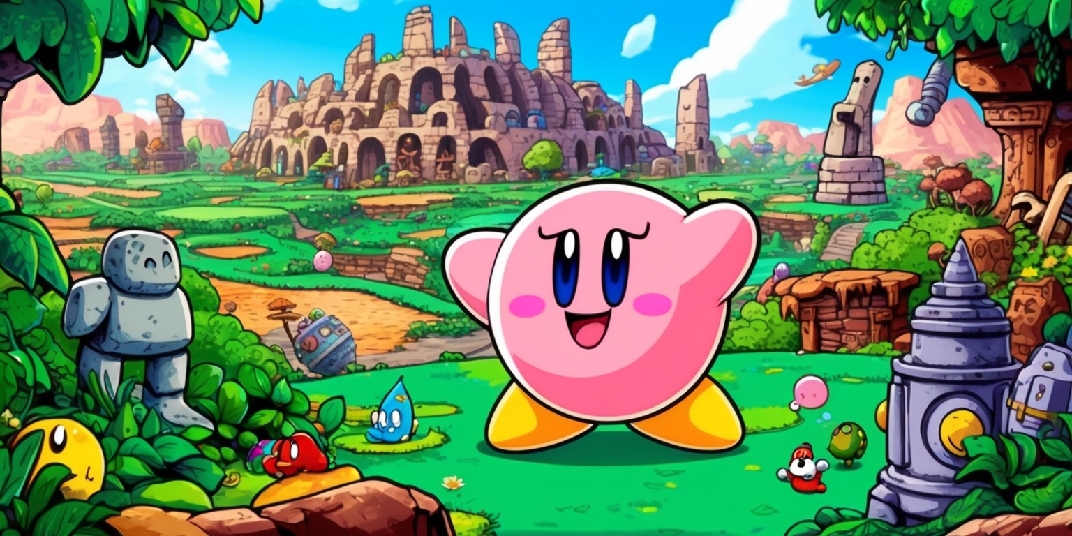 A colorful digital illustration of Kirby standing in a vibrant, fantastical landscape, with a backdrop of a sprawling, ancient city filled with mysterious ruins and overgrown vegetation, Kirby is shown with his iconic round body and cheerful facial expression, his bright pink skin and yellow shoes contrasting with the lush green surroundings, nearby are various forgotten land creatures and objects, such as old stone statues, mysterious artifacts, and strange machines, with a few Waddle Dees and other familiar characters from the Kirby series making appearances in the background, the scene is filled with a sense of adventure and discovery, with bold lines, bright colors, and a dynamic composition that draws the viewer's eye to Kirby and the wonders of the forgotten land.