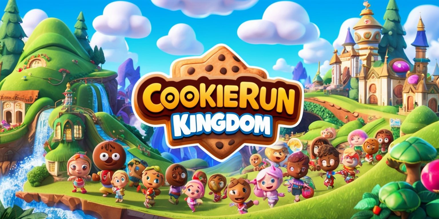 A vibrant digital illustration of the CookieRun Kingdom game, featuring a colorful and whimsical landscape with rolling hills, towering trees, and sparkling waterfalls, set against a bright blue sky with puffy white clouds, inhabited by a diverse cast of cookie characters, each with distinct facial features, skin tones, and unique attributes, surrounded by lush greenery, intricate architecture, and ornate details, with a mix of soft pastel colors, rich textures, and dynamic lighting, and incorporating the game's logo, a stylized, bold, and colorful icon with a distinctive shape and font, prominently displayed in the center of the scene.