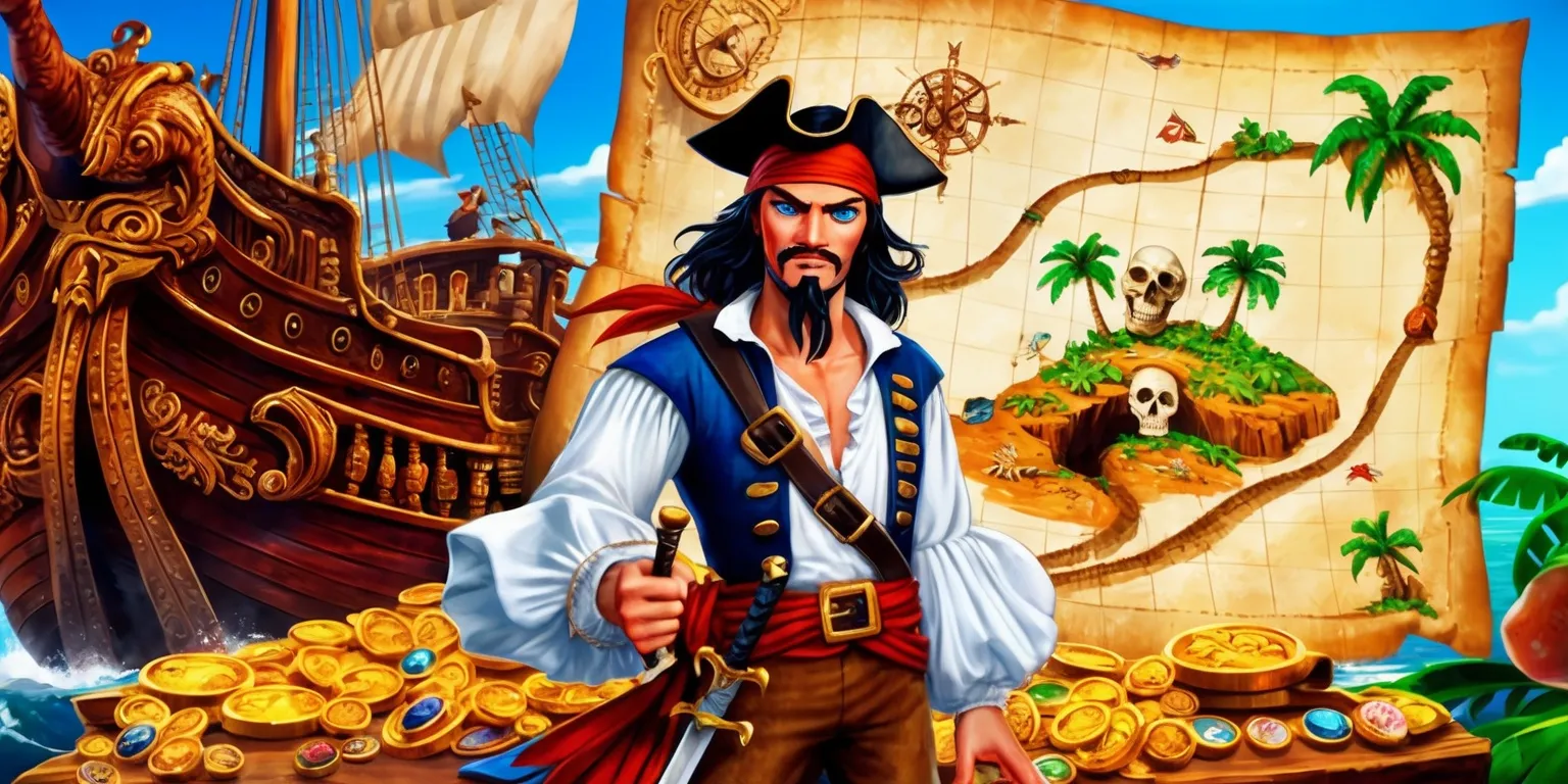 A vibrant and dynamic scene depicting a swashbuckling pirate standing in front of a massive ancient map, with a compass in hand, set amidst a richly detailed and colorful pirate ship, featuring intricate wooden carvings, billowing sails, and laden with gold coins, jewels, and mysterious artifacts, the pirate has a strong jawline, piercing blue eyes, and a distinctive black beard, wearing a red bandana, a white shirt with billowy sleeves, and brown pants, with a sword at their side, the map in the background showcases a treasure island with palm trees, a skull cave, and a winding path, the overall style is reminiscent of a classic adventure game, with bold lines, bright colors, and a sense of excitement and danger, the pirate's face is filled with a sense of determination and curiosity, as they prepare to embark on a thrilling quest for hidden treasure.