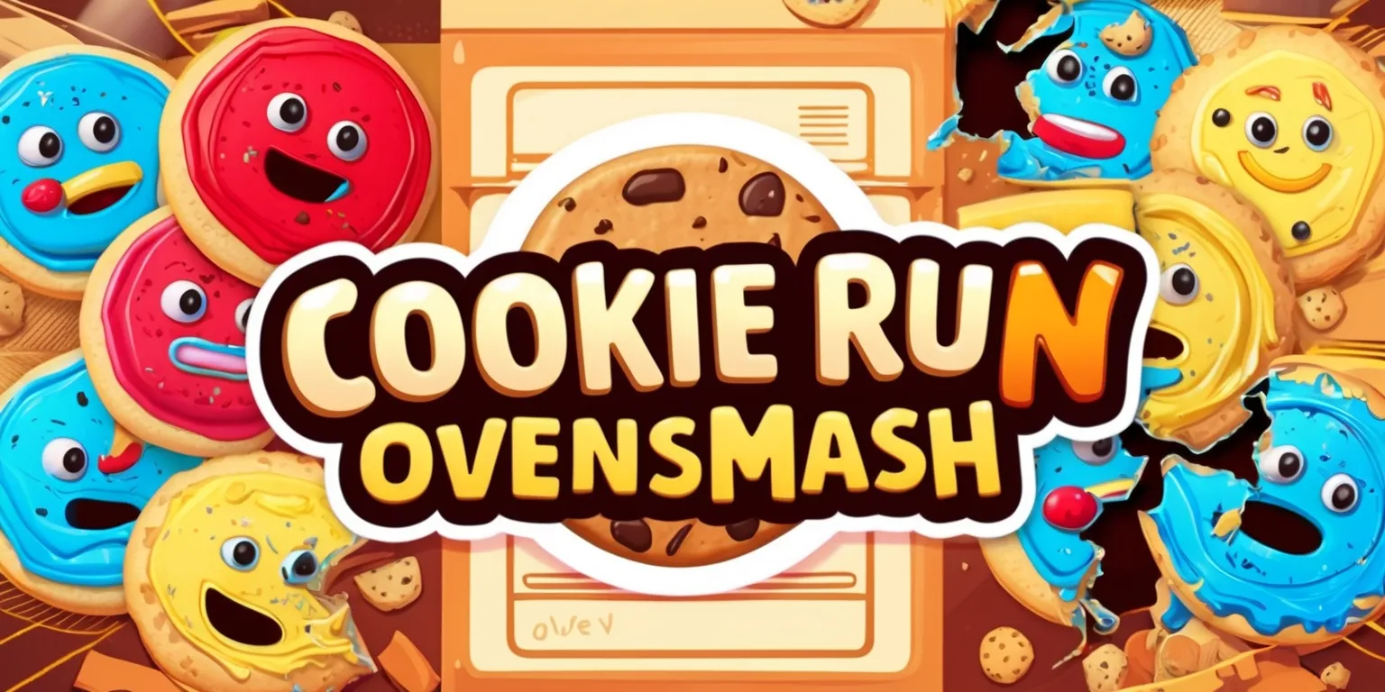 A vibrant and dynamic digital illustration of the Cookie Run: OvenSmash game, featuring a variety of colorful cookies with distinct designs and facial expressions, set against a warm and inviting background with oven and baking elements, with bold lines and textures, and a mix of bright and pastel colors, including red, blue, yellow, and white, with the game's logo prominently displayed in a modern, sans-serif font with a golden brown color, and the cookies arranged in a chaotic yet balanced composition, with some cookies smashed and broken, and others intact and ready to be smashed, with a sense of energy and movement, and a overall playful and whimsical atmosphere.