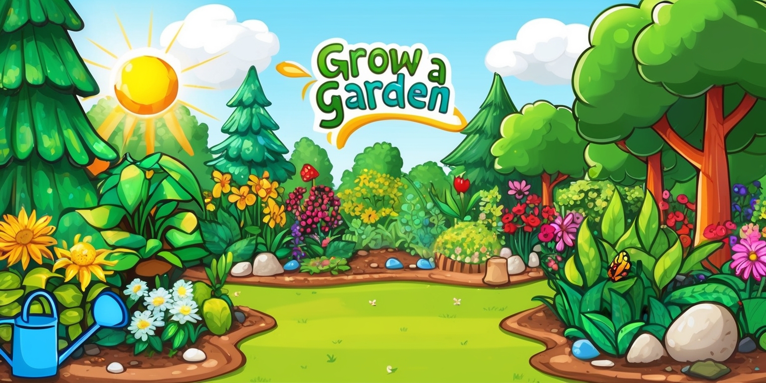 A colorful digital illustration of a vibrant garden scene for the Grow a Garden game, featuring various lush green plants, blooming flowers, and towering trees, with a bright sunshine casting a warm glow, and a few garden tools and decorative stones scattered around, set against a soft blue sky with puffy white clouds, in a whimsical and lively style with bold lines and textures, and possibly including a few hidden game elements, such as a watering can, seeds, or a gardening glove, with the game's title Grow a Garden written in a playful, curly font with green and blue letters, and the overall atmosphere is peaceful and inviting.