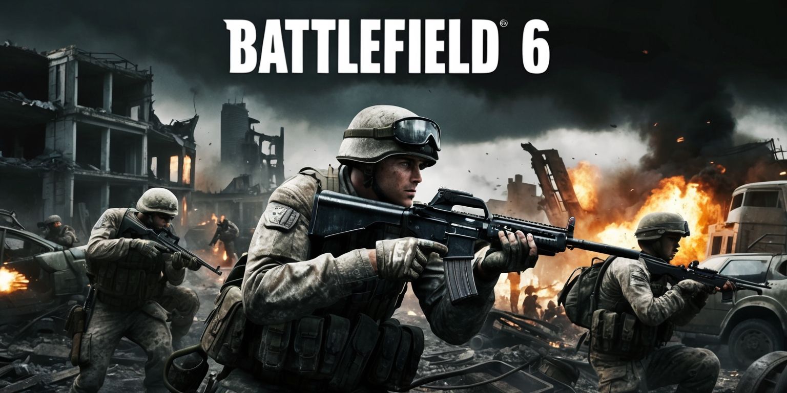 A dramatic and intense scene from Battlefield 6 game with soldiers in the midst of a chaotic warzone, set against a backdrop of ruined buildings and destroyed vehicles, with explosions and fire illuminating the dark sky, the atmosphere is tense and ominous, the soldiers are dressed in worn and tattered military gear, with determined facial expressions, their skin color ranging from pale to dark, with unique attributes such as scars, helmets, and goggles, in the foreground a soldier is seen aiming a rifle, with a gritty and realistic style, the colors are muted and earthy, with shades of brown, gray, and green, the layout is dynamic, with the soldier and the ruins framed by a subtle vignette, and the game's logo is emblazoned in bold, metallic letters at the top of the image.