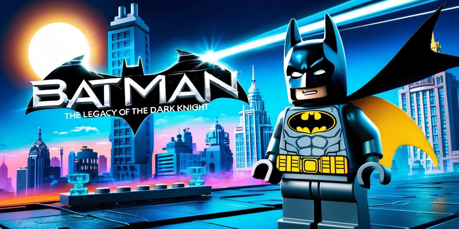A colorful digital illustration of the LEGO Batman: The Legacy of the Dark Knight game, featuring a detailed LEGO Batman figure with a bold black cowl, bright yellow utility belt, and a cape flowing behind him, set against a vibrant Gotham City skyline with towering skyscrapers and a full moon shining bright, the game's logo prominently displayed in a futuristic font with metallic silver letters and a dark blue background, incorporating dynamic lighting effects and textured LEGO brick details throughout the scene.