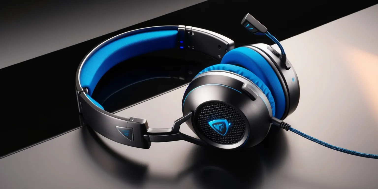 A sleek premium gaming headset with metallic ear cups and a sturdy headband, adorned with vibrant blue accents and a silver logo on the side, placed on a minimalist black background, with a mix of matte and glossy finishes, showcasing intricate details such as mesh grills, retractable microphone, and cushioned ear pads, under a soft, warm lighting that highlights the device's curves and contours, with a subtle shadow effect that adds depth to the overall image.