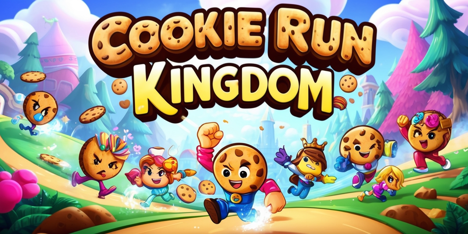 A vibrant and colorful digital illustration of the Cookie Run: Kingdom game, featuring a variety of beloved cookie characters with distinct facial features and accessories, set against a whimsical fantasy backdrop with rolling hills, towering trees, and fluffy white clouds, with the game's logo prominently displayed in bold, curved letters with a bright, shiny finish, and the characters engaged in various activities such as running, jumping, and fighting, with a mix of warm and cool colors, including shades of pink, blue, yellow, and green, and a dynamic composition with diagonal lines and movement blur to convey a sense of energy and action.