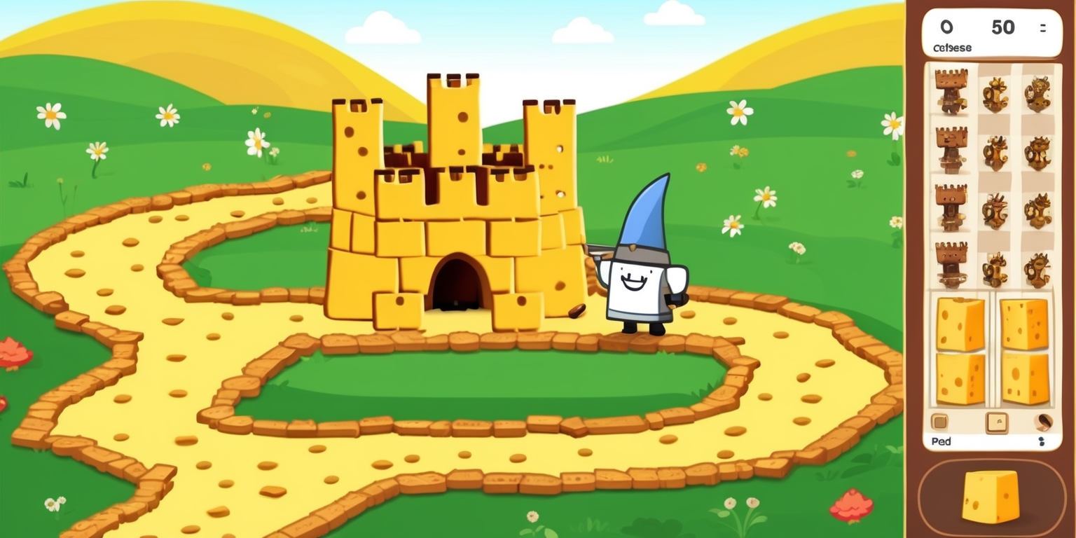 A playful, whimsical illustration of a tower defense game themed around cheese, featuring a bright, sunny meadow as the background with rolling hills and scattered wildflowers, where a winding path made of crackers leads to a medieval-style castle built from blocks of cheddar, surrounded by a moat of melted brie, and defended by towers shaped like giant cheese wedges, each with a cheerful, smiling cheese-themed character, such as a grinning gouda knight or a mischievous mozzarella wizard, standing guard and ready to thwart the advance of an army of mischievous cartoon mice, with a scoreboard and game UI elements displayed in a clean, modern sans-serif font in shades of creamy yellow and rich brown.