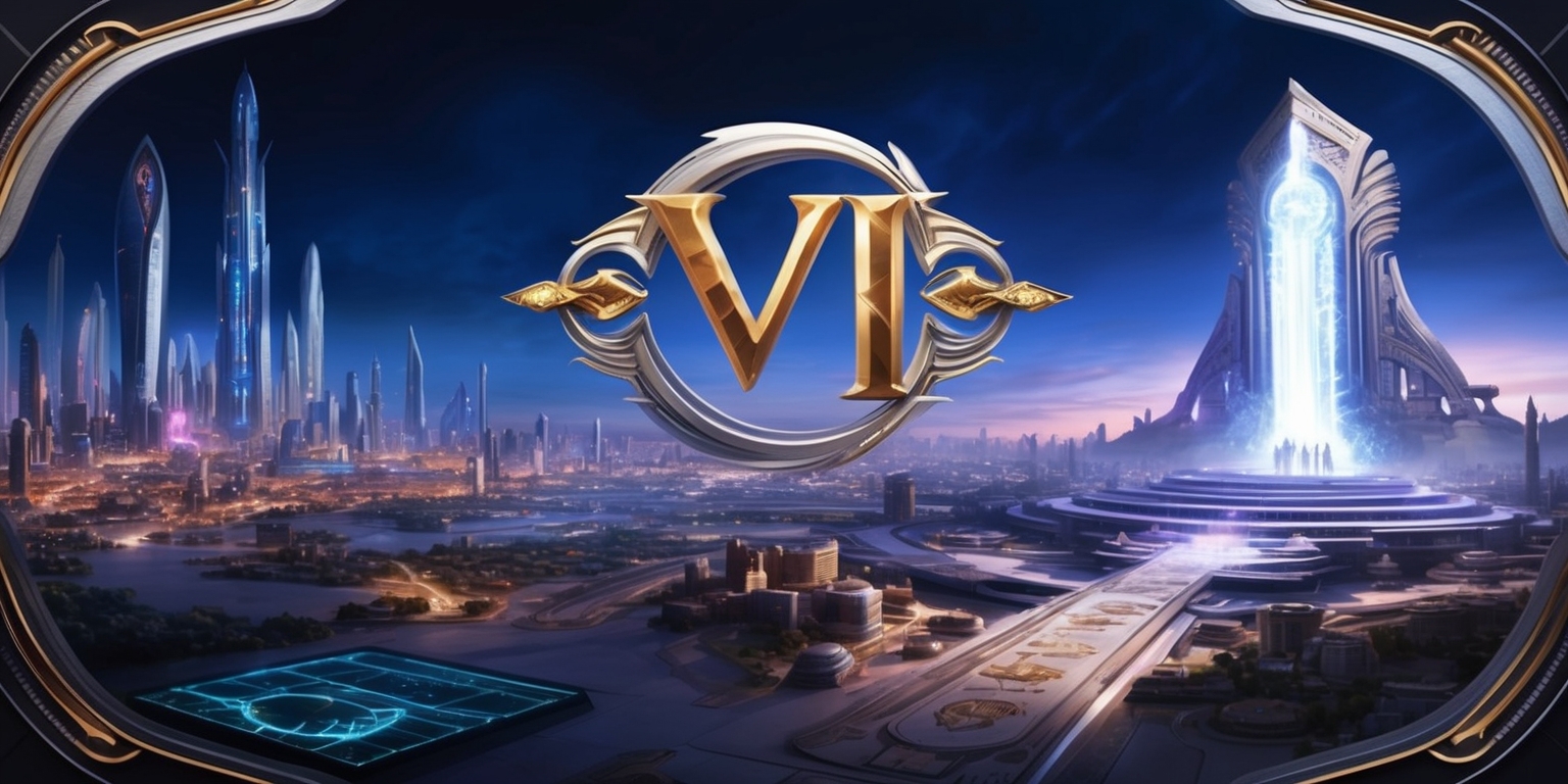 A grand, sprawling futuristic cityscape serves as the background for the Civilization VII game, with sleek skyscrapers and neon lights illuminating the dark blue night sky, while ancient ruins and mysterious artifacts are scattered throughout the landscape, hinting at the rich history of the civilization, with a large, ornate 'VII' logo in metallic gold and silver hues emblazoned across the top of the image, surrounded by intricate, curved lines and ornamental markings, with a subtle grid pattern in the foreground, evoking the strategic gameplay of the turn-based strategy game, and in the distance, a majestic, glowing aura surrounds a towering, imposing leader, with defined facial features, strong jawline, and piercing blue eyes, standing proudly in front of a grand, ancient monument, exuding power and wisdom.