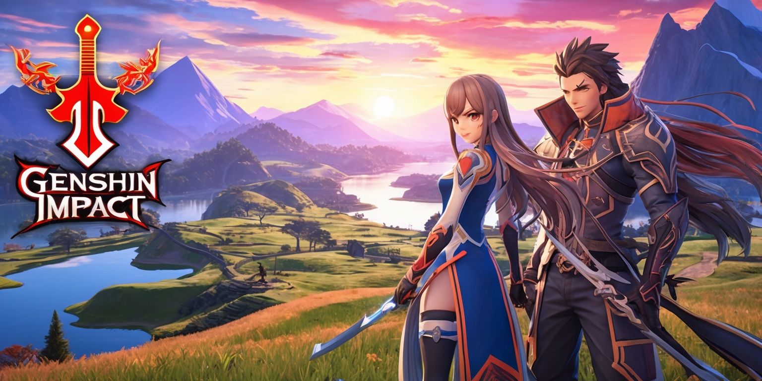A vibrant and dynamic scene from the popular open-world action role-playing game Genshin Impact, featuring a detailed landscape with rolling hills, towering mountains, and serene lakes, set against a backdrop of a mesmerizing sunset with hues of orange, pink, and purple, with a few characters from the game standing prominently in the foreground, including a young woman with long, flowing hair and a man with a strong, determined expression, both with intricate, anime-inspired costumes and weapons at the ready, with the game's iconic logo, a stylized, curved sword, visible in the top left corner of the image, rendered in a stylized, fantastical art style with bold lines, vibrant colors, and intricate textures.