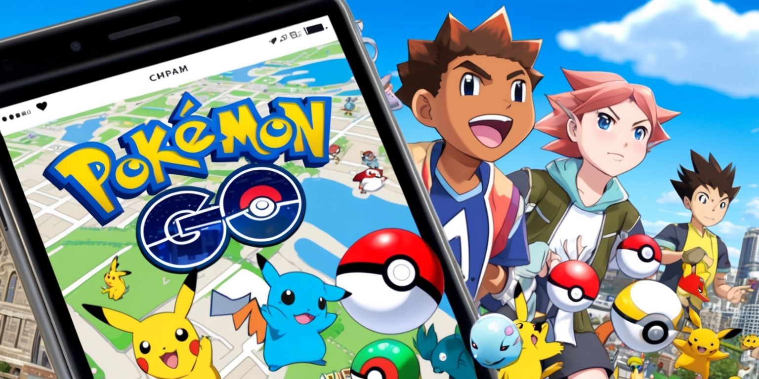 A detailed illustration of the Pokémon Go game on a mobile device screen, with a city map background, various Pokémon characters scattered around, and a few players' avatars, one with a joyful facial expression and brown skin, another with a determined look and fair skin, both with unique hairstyles, surrounded by poké balls, incubators, and other in-game items, with the game's logo prominently displayed in a bright blue and white color scheme, and the user interface elements such as buttons and menus in a modern and sleek design, with a mix of bold and pastel colors, and the overall atmosphere of a sunny day with a few fluffy white clouds in the sky.