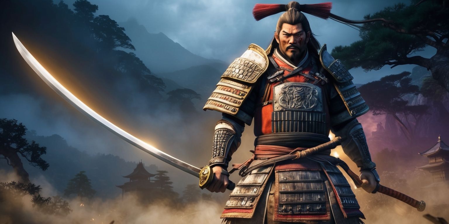 A dark fantasy action-adventure scene from Nioh 3, set in feudal Japan, with a brave samurai warrior standing heroically in the center, wearing traditional armor with a mix of leather and steel, adorned with intricate engravings and symbolic markings, holding a sword with a long curved blade, amidst a haunting atmosphere with subtle hints of supernatural elements, surrounded by misty mountains and ancient trees, with a warm golden light casting a glow on the scene, and a subtle gradient of deep blues and purples in the background, evoking a sense of mystery and danger, with the warrior's determined facial expression and fierce gaze, showcasing the game's intense combat and deep lore.