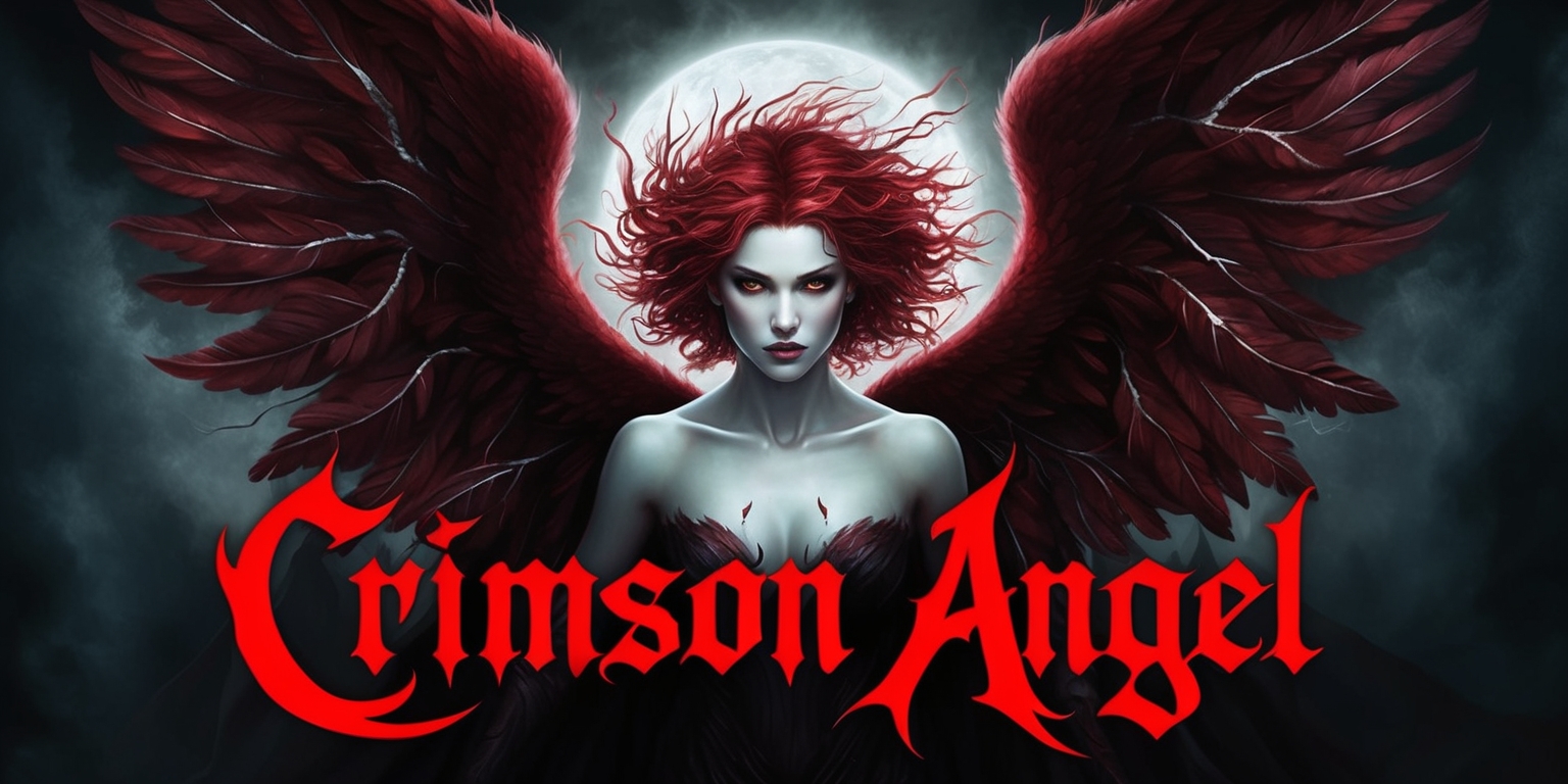 A dramatic, gothic-inspired illustration of a powerful Crimson Angel, set against a dark, misty background with subtle, eerie luminescence, evoking a sense of mysticism and otherworldly energy. The angel's skin is a porcelain-like complexion, with an ethereal glow, and its hair is a wild tangle of crimson locks, streaked with veins of silver that shimmer like moonlight. Its wings, a deep, rich crimson, are outstretched, with feathers that appear to ruffle and undulate as if alive, radiating an aura of intensity and strength. The angel's facial features are finely chiseled, with high cheekbones, a slender nose, and piercing emerald eyes that seem to burn with an inner fire. In the foreground, the words Crimson Angel are emblazoned in bold, fiery script, with intricate, cursive flourishes that evoke the sense of ancient, mystical tomes.