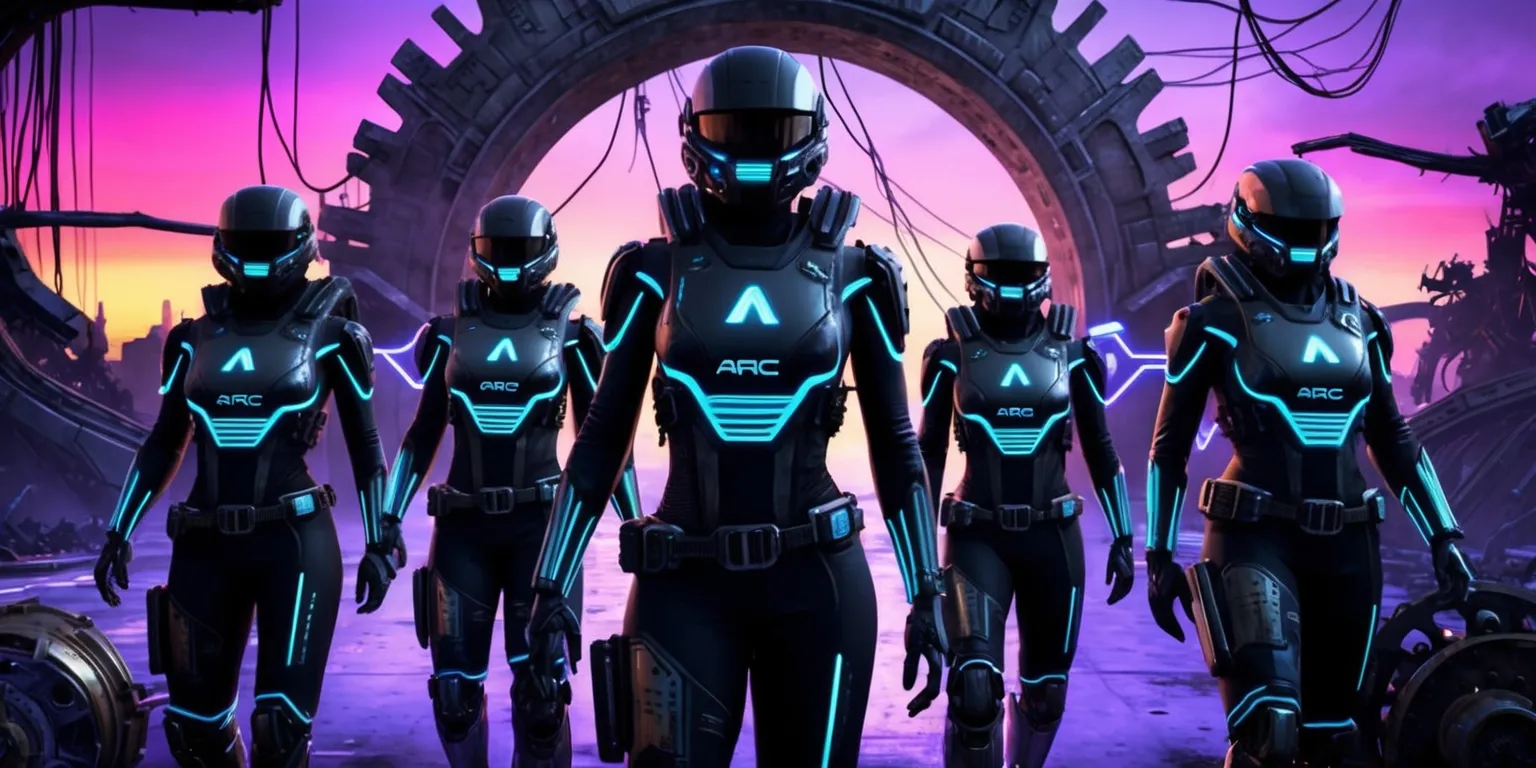 A futuristic sci-fi scene depicting a group of Arc Raiders from the game, set against a dystopian backdrop with a dark and gritty atmosphere, featuring a mix of rugged and high-tech elements, with the raiders wearing sleek black and metallic exosuits, helmets, and masks, their facial features obscured, with glowing blue lines and accents on their suits, standing in front of a massive, ancient alien gate, with a vibrant purple and pink sunset in the background, and a plethora of details including wires, gears, and metallic textures, the overall style is highly detailed and realistic, with bold lines and sharp angles, and a sense of dynamic movement and energy, the Arc Raiders logo emblazoned on their suits in a bold, metallic font.