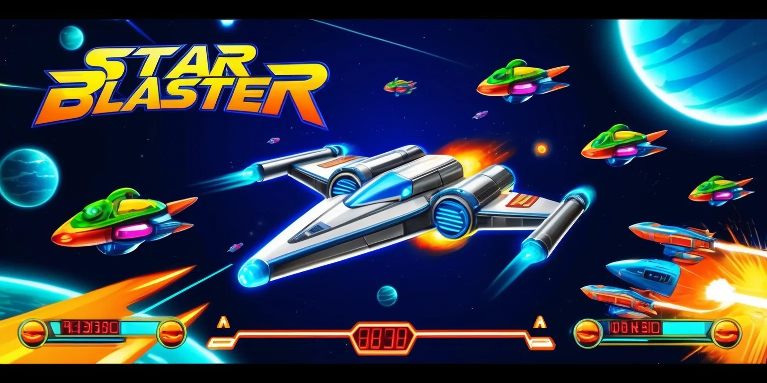 A vibrant digital illustration of the Star Blaster game, set against a deep blue background with neon stars and planets, featuring a V-shaped spaceship with a metallic silver hull and bright blue engines, surrounded by a variety of colorful alien spaceships with unique shapes and designs, the game's logo in bold, futuristic font with a mix of orange and yellow colors, displayed prominently at the top of the image, with a high-score display in a red digital font at the bottom, and a sense of dynamic movement and action, with explosions and laser beams illuminating the dark space, the overall aesthetic is reminiscent of classic arcade games with a modern twist, the color palette is bright and neon, with a focus on blues, oranges, and yellows, the layout is busy and energetic, with a sense of depth and movement.