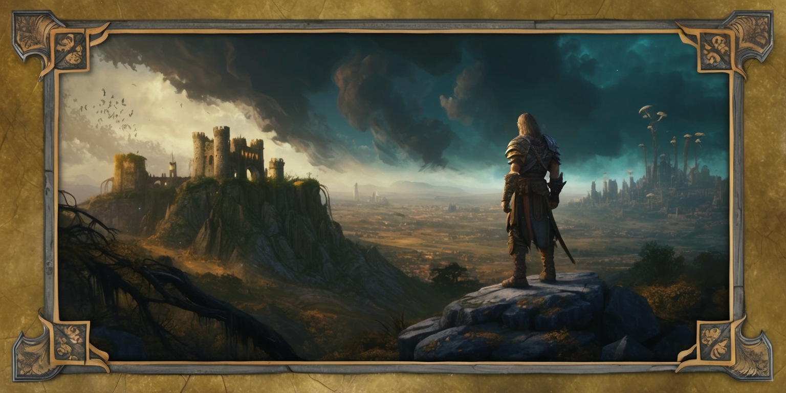 A sprawling, post-apocalyptic landscape set in the fantasy world of Cyrodiil, with the ruins of a ancient castle in the distance, overgrown with vines and moss, under a dark and foreboding sky with clouds of ash and smoke, illuminated by a faint, eerie glow of luminescent mushrooms, with a lone figure of the protagonist, the Hero of Kvatch, dressed in worn and tattered armor, standing atop a rocky outcropping, gazing out at the desolate wasteland, with a sense of eerie solitude and abandonment, rendered in a vibrant, yet muted color palette with warm golden hues and deep blues, evoking a sense of nostalgia and longing, in a fantastical, oil-painting inspired style, with bold brushstrokes and textures, framed by a subtle, ornate border with intricate designs reminiscent of ancient tomes.